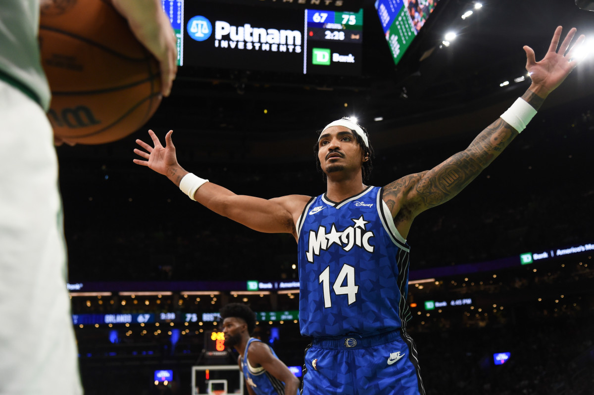 Dec 17, 2023; Boston, Massachusetts, USA; Orlando Magic guard Gary Harris (14) defends an inbound pass during the second half against the Boston Celtics at TD Garden.